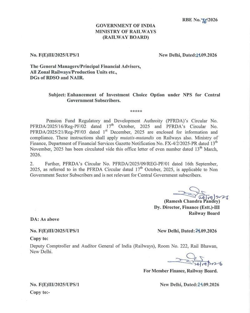 Enhancement of Investment Choice Options under NPS and UPS for Central Government Subscribers – Railway Board RBE No. 76/2026