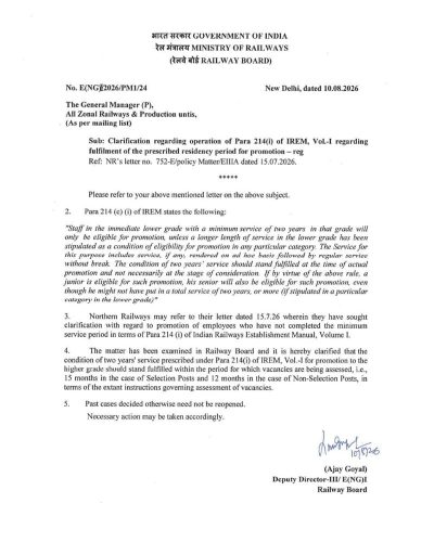 Fulfillment of the prescribed residency period for promotion - Clarification regarding operation of Para 214(i) of IREM, Vol.-I: Railway Board Order 1 fulfillment of the prescribed residency period for promotion