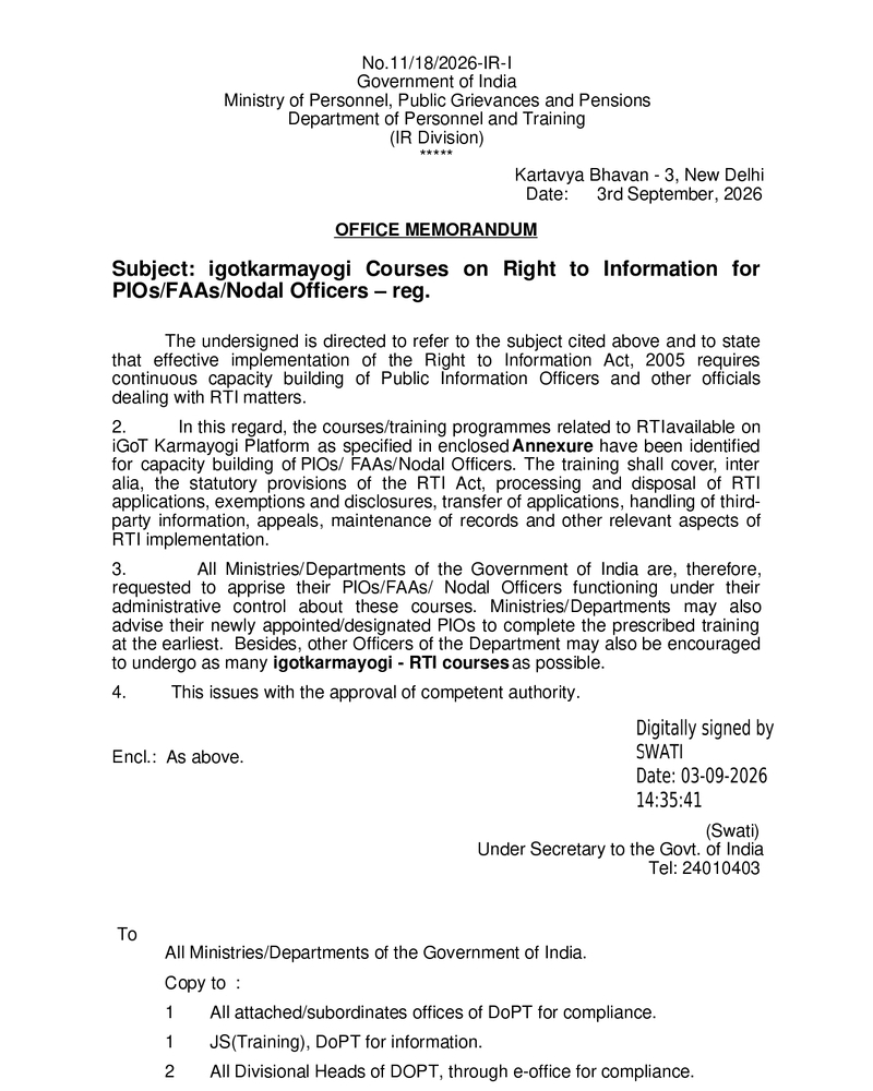 igotkarmayogi Courses on Right to Information for PIOS/FAAs/Nodal Officers: DoP&T O.M. dated 03.09.2026 igotkarmayogi Courses on Right to Information for PIOS/FAAs/Nodal Officers: DoP&T O.M. dated 03.09.2026