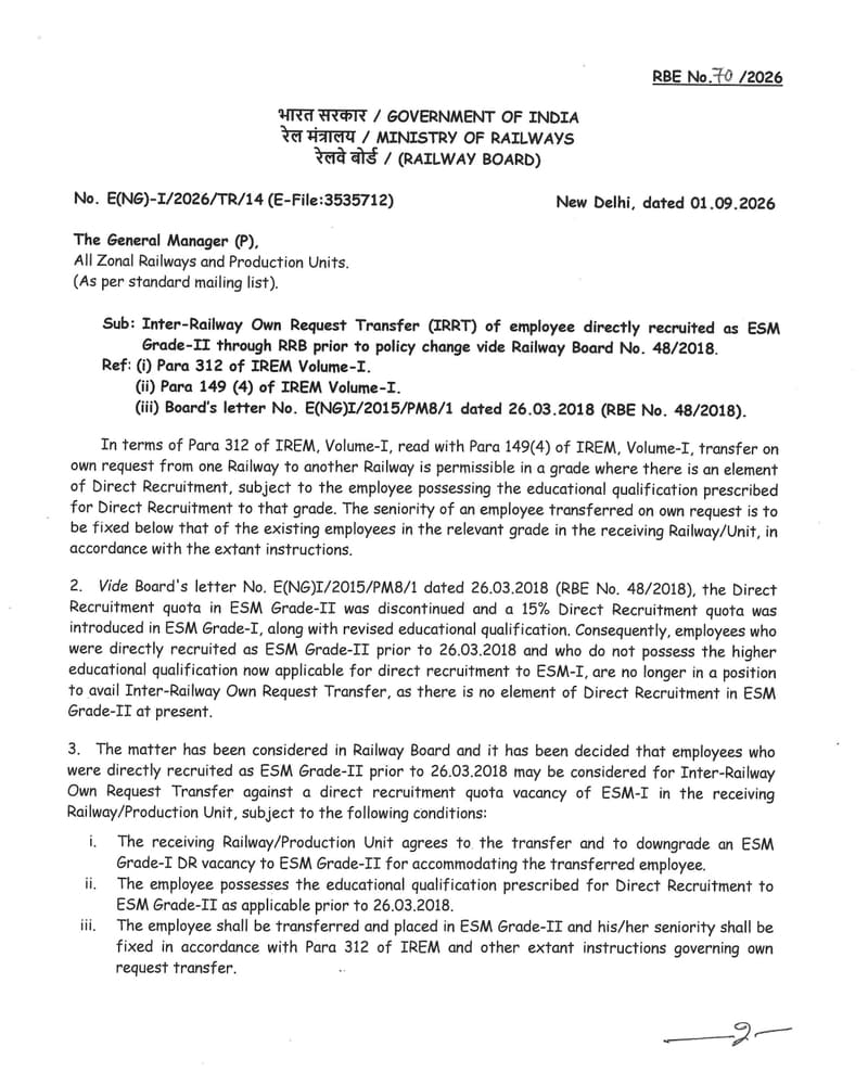 Inter-Railway Own Request Transfer (IRRT) of employee directly recruited as ESM Grade-II through RRB: RBE No. 70/2026 Inter-Railway Own Request Transfer (IRRT) of employee directly recruited as ESM Grade-II through RRB: RBE No. 70/2026