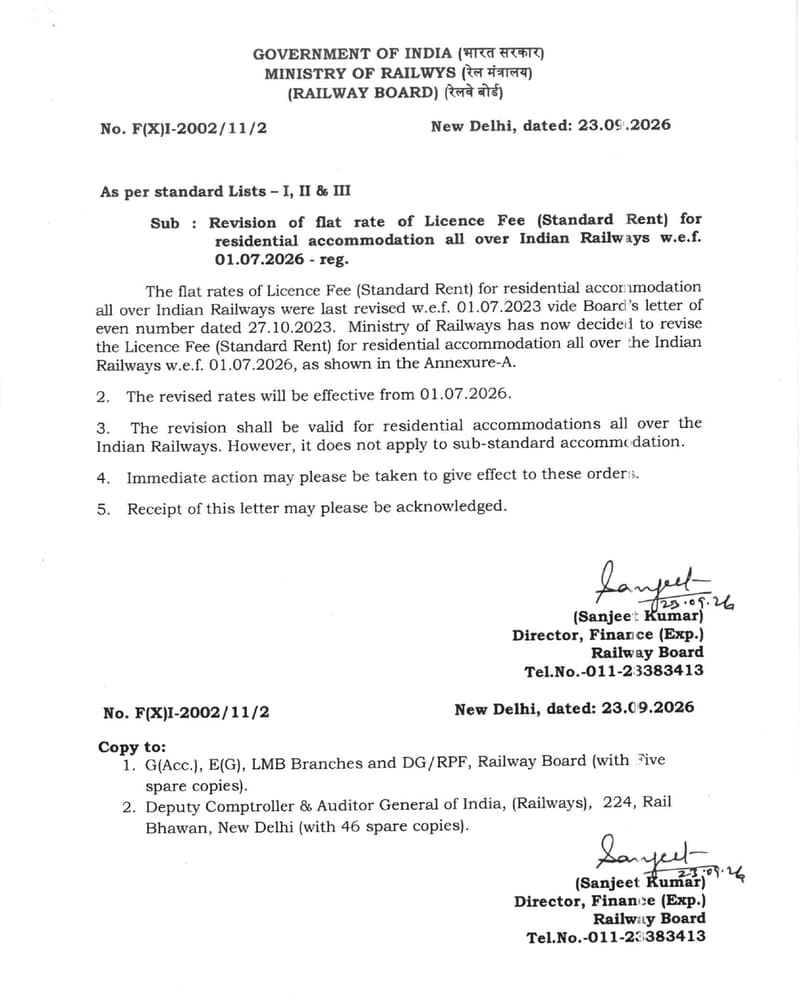 Licence Fee (Standard Rent) for Railway Residential Accommodation – Revision of flat rate w.e.f. 01.07.2026: Railway Board Order Licence Fee (Standard Rent) for Railway Residential Accommodation – Revision of flat rate w.e.f. 01.07.2026: Railway Board Order