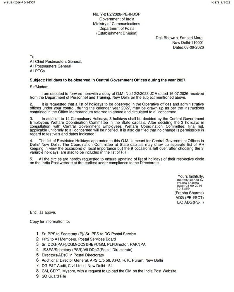 List of Holidays 2027 in Central Govt. Offices in States as per CGEWCC: Clarification by Department of Post List of Holidays 2027 in Central Govt. Offices in States as per CGEWCC: Clarification by Department of Post