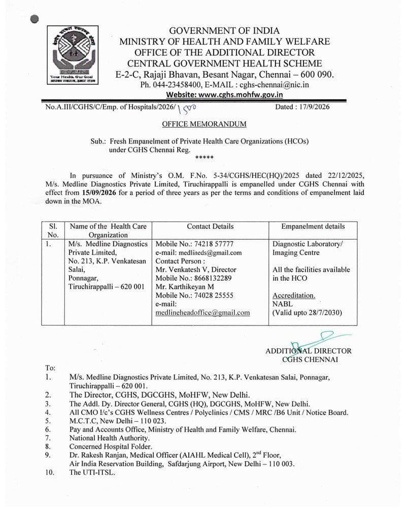 Medline Diagnostics Private Limited, Tiruchirappalli – Fresh Empanelment under CGHS, Chennai