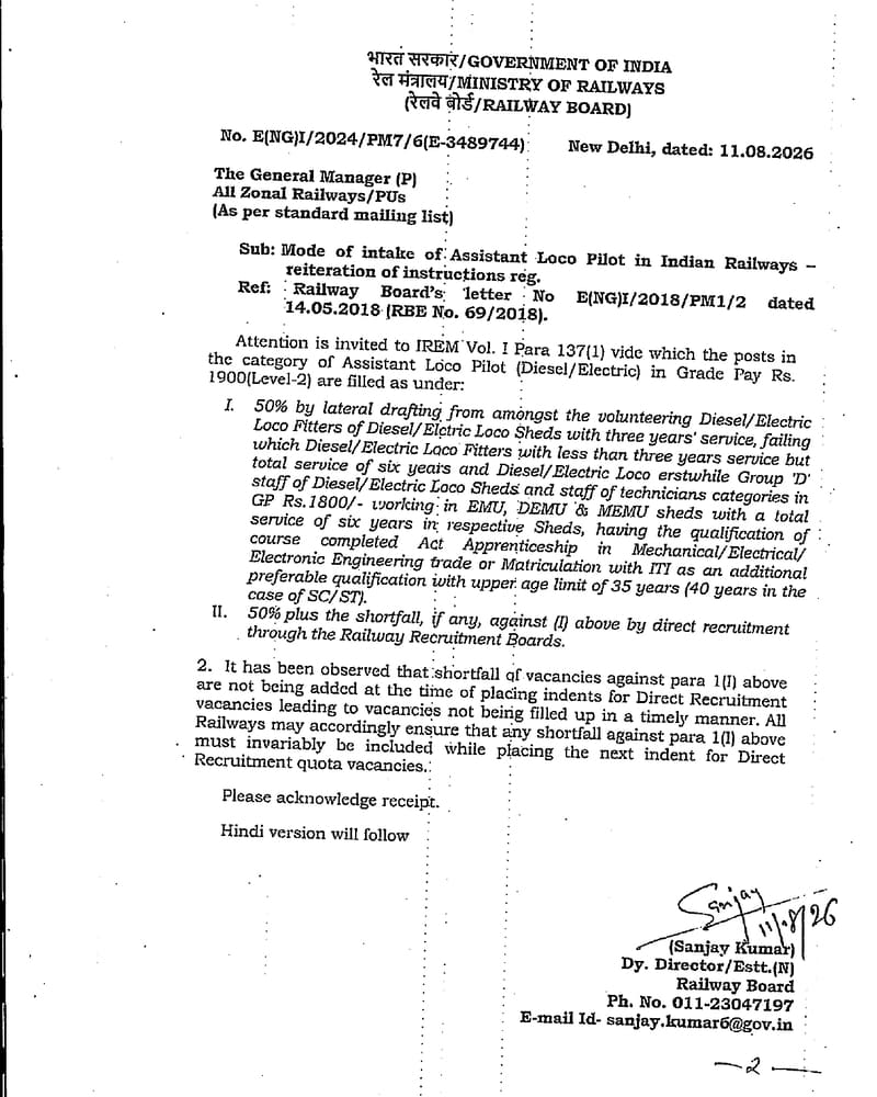 Mode of intake of Assistant Loco Pilot in Indian Railways reiteration of instructions by Railway Board Mode of intake of Assistant Loco Pilot in Indian Railways reiteration of instructions by Railway Board