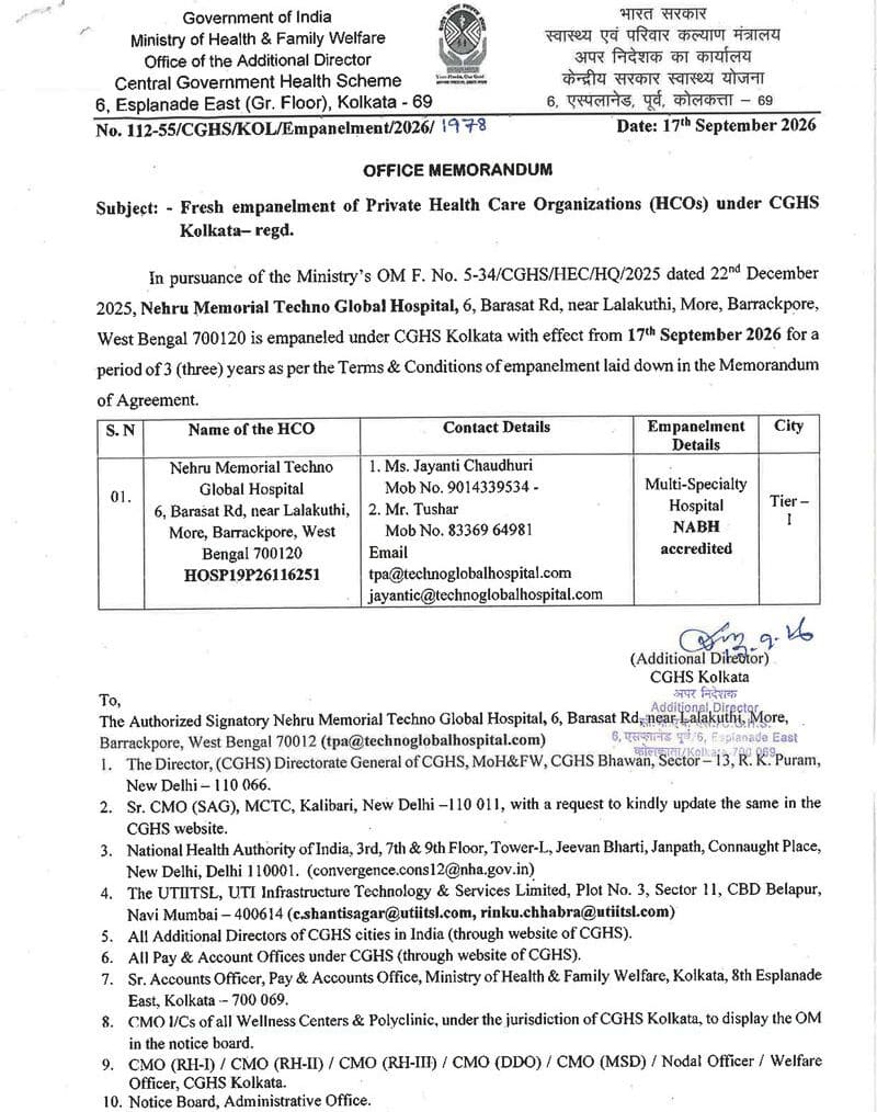 Nehru Memorial Techno Global Hospital – Fresh Empanelment under CGHS Kolkata Nehru Memorial Techno Global Hospital – Fresh Empanelment under CGHS Kolkata