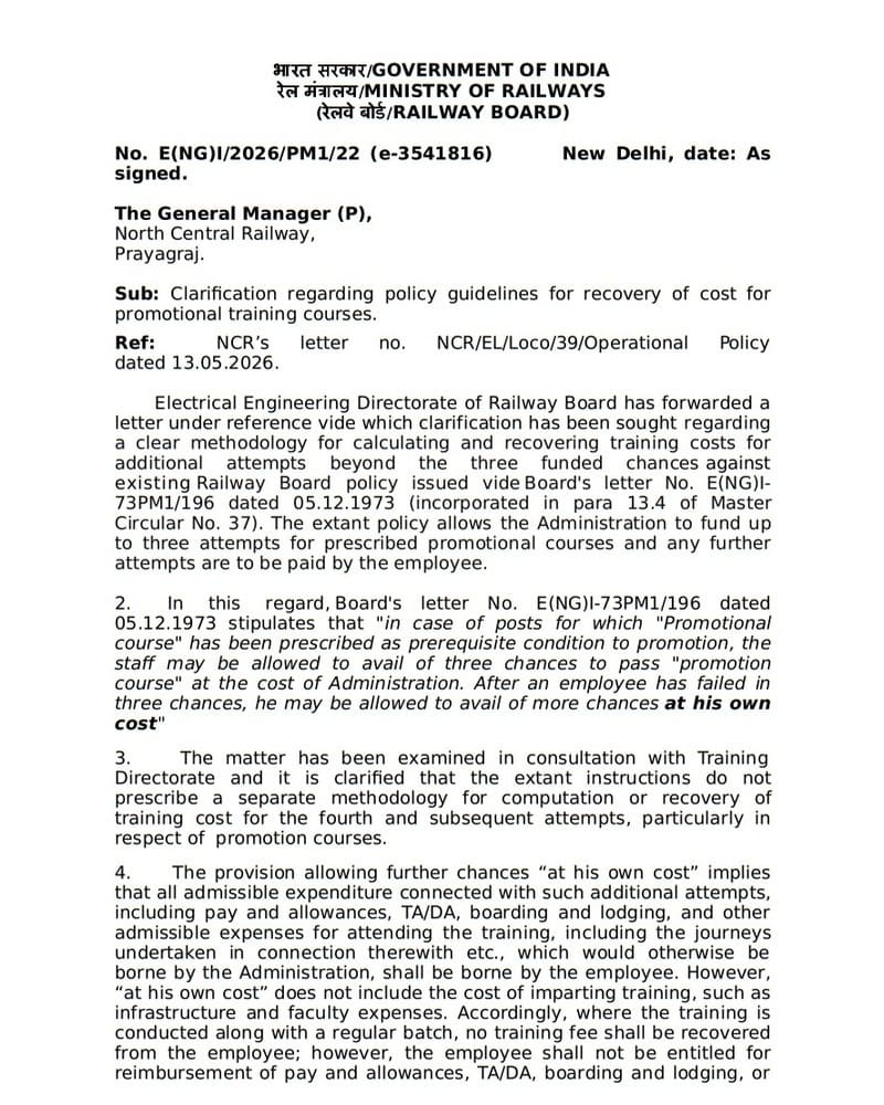 Policy guidelines for recovery of cost for promotional training courses – Clarification by Railway Board Policy guidelines for recovery of cost for promotional training courses – Clarification by Railway Board