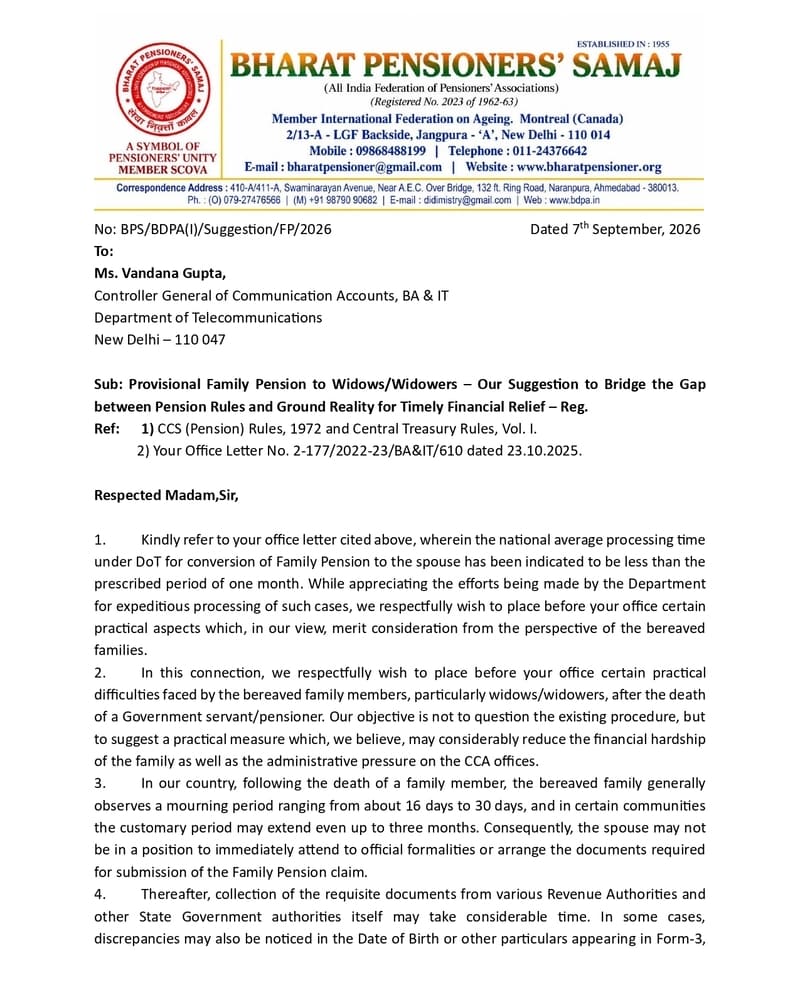 Provisional Family Pension to Widows/Widowers –  Humanitarian Appeal by Bharat Pensioners’ Samaj  to support bereaved families