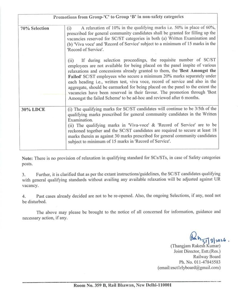 Relaxation in the qualifying standard/marks for promoting SC/ST employees of non-safety categories: Railway Board RBE No. 69/2026 Relaxation in the qualifying standard/marks for promoting SC/ST employees of non-safety categories: Railway Board RBE No. 69/2026