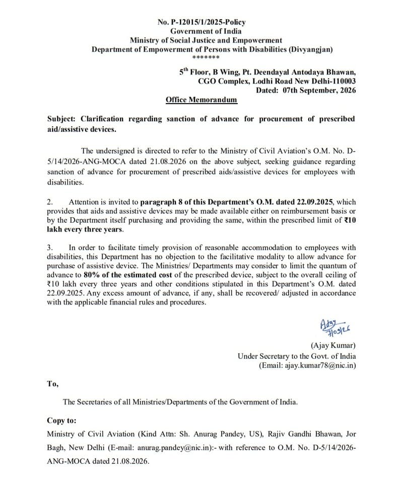 Sanction of advance for procurement of prescribed aid/assistive devices for employees with disabilities: Clarification by DEPwD
