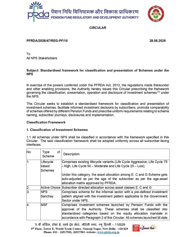 Standardised framework for classification and presentation of Schemes under the NPS: PFRDA Circular