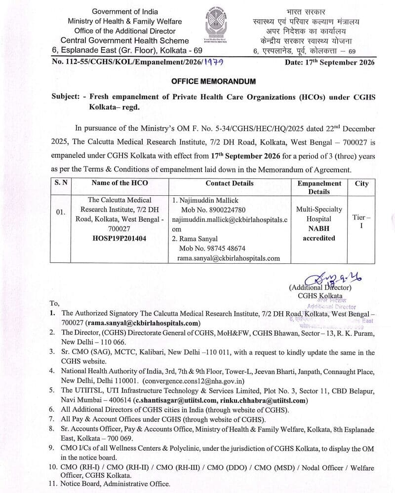 The Calcutta Medical Research Institute – Fresh Empanelment under CGHS Kolkata The Calcutta Medical Research Institute – Fresh Empanelment under CGHS Kolkata