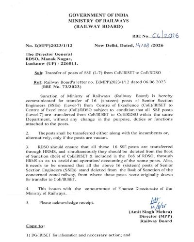 Transfer of posts of SSE (L-7) from CoE/IRISET to CoE/RDSO: Railway Board Order RBE No. 66/2026 1 transfer-of-posts-of-sse-l-7-rbe-no-66-2026