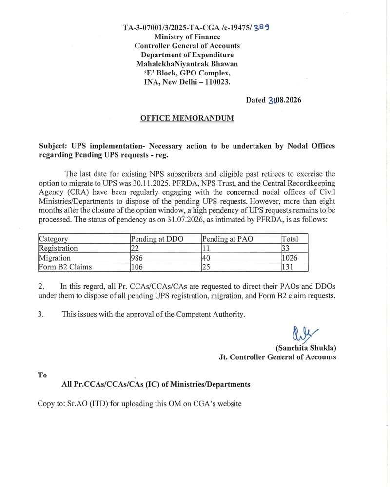 UPS implementation- Necessary action to be undertaken by Nodal Offices regarding Pending UPS requests: CGA Order
