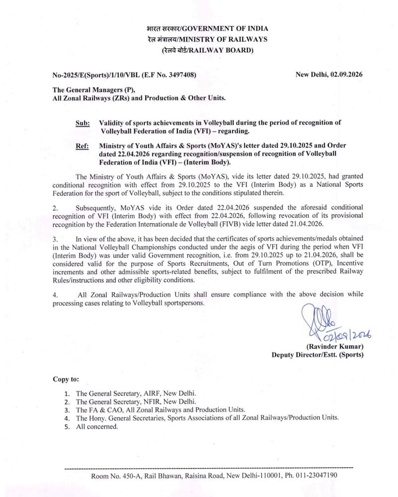 Validity of sports achievements in Volleyball during the period of recognition of VFI: Clarification by Railway Board