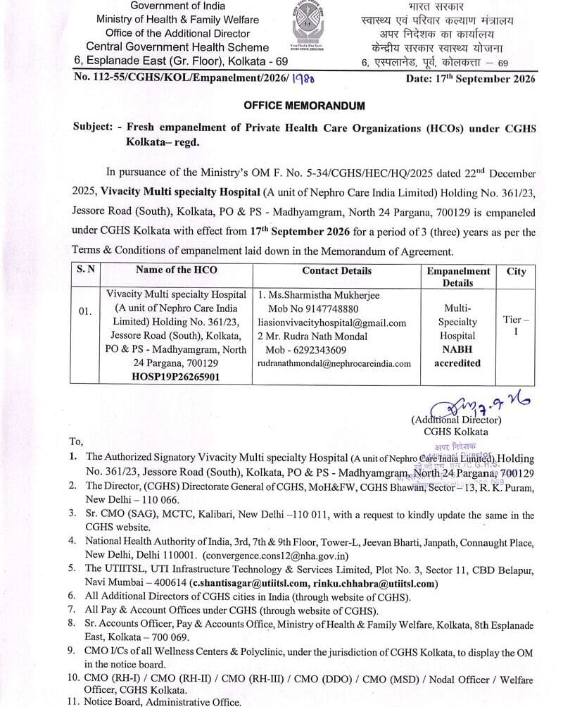 Vivacity Multi specialty Hospital, North 24 Pargana – Fresh Empanelment under CGHS Kolkata Vivacity Multi specialty Hospital, North 24 Pargana – Fresh Empanelment under CGHS Kolkata